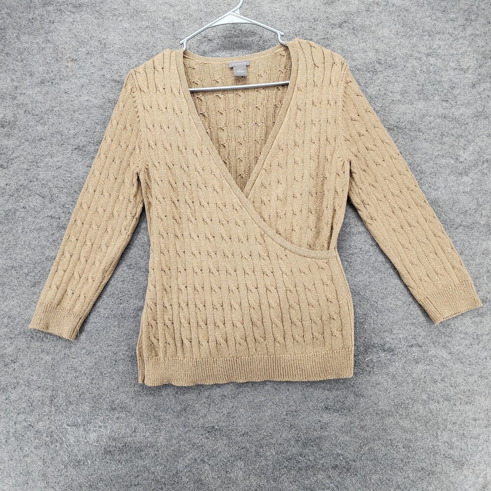 Ann Taylor Sweater Womens Small Faux Wrap V Neck Cable Knit Gold